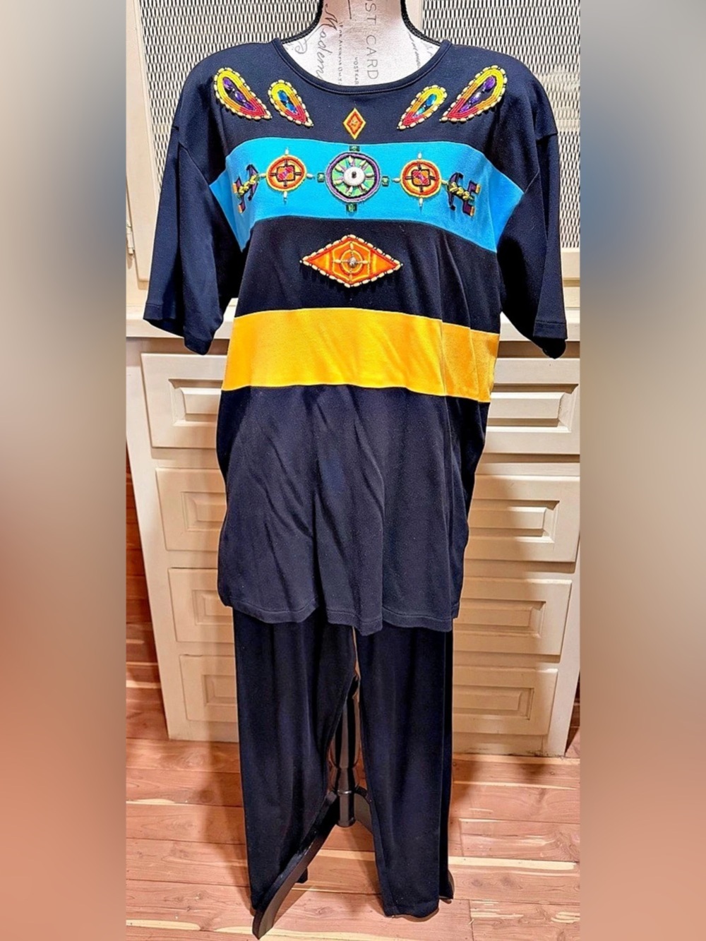 VTG 80s 90s I.B. Diffusion Beaded Southwestern Pants Set Knit Lounge Art 2PC L